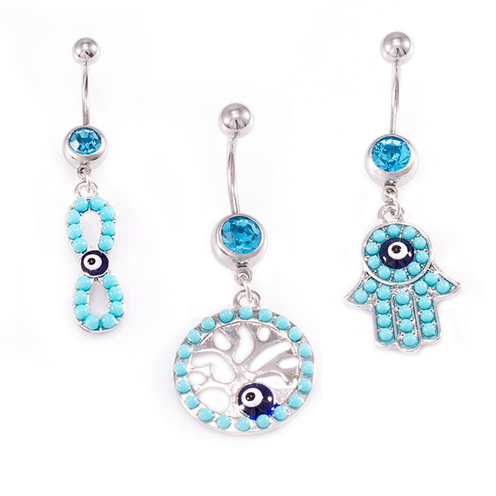 Surgical Steel 14G Evil Eye, Tree of Life & Hamsa Belly Rings - 3 Pack