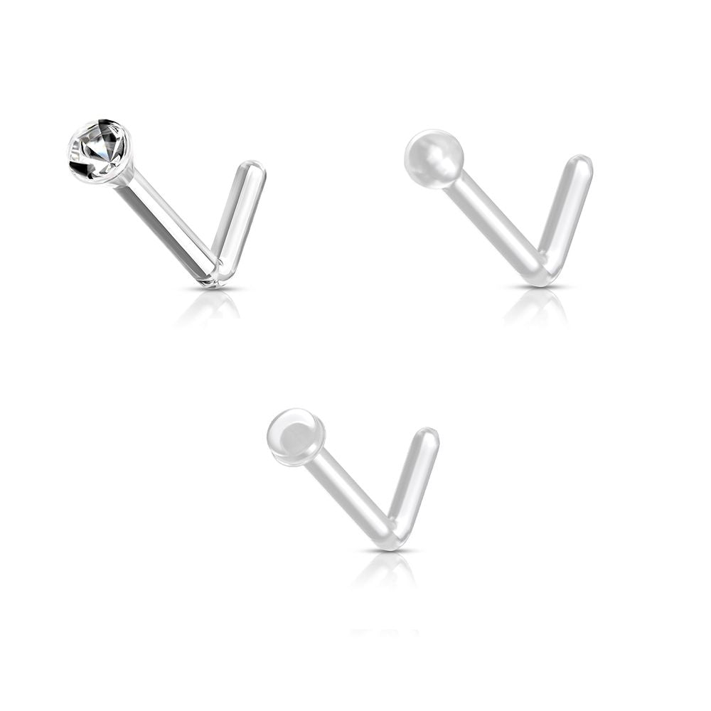 Surgical Steel L Bend Gem Top Nose Rings with Retainer - 3 Pack
