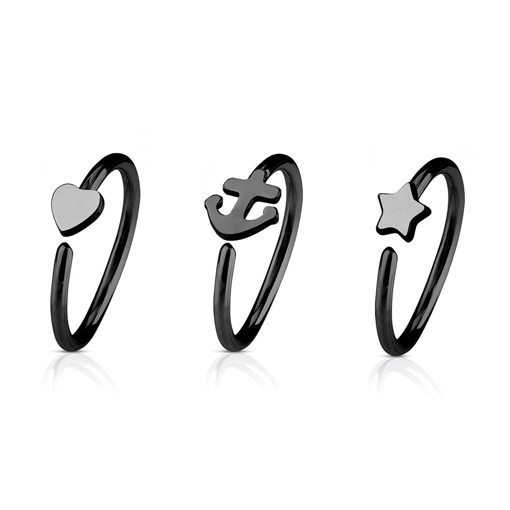 Anodized Surgical Steel 20 Gauge Nose Hoop with Charm - 3 Pack