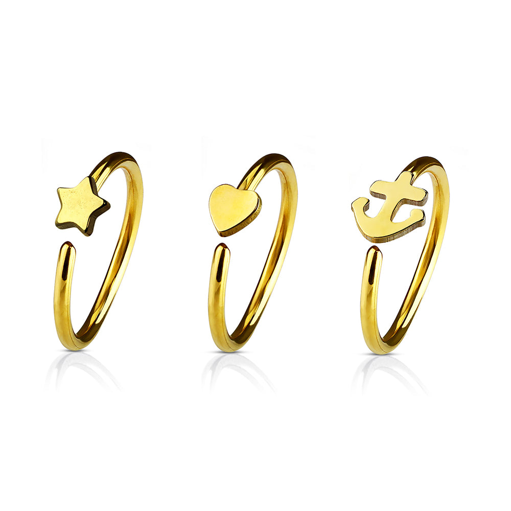 Anodized Surgical Steel 20 Gauge Nose Hoop with Charm - 3 Pack