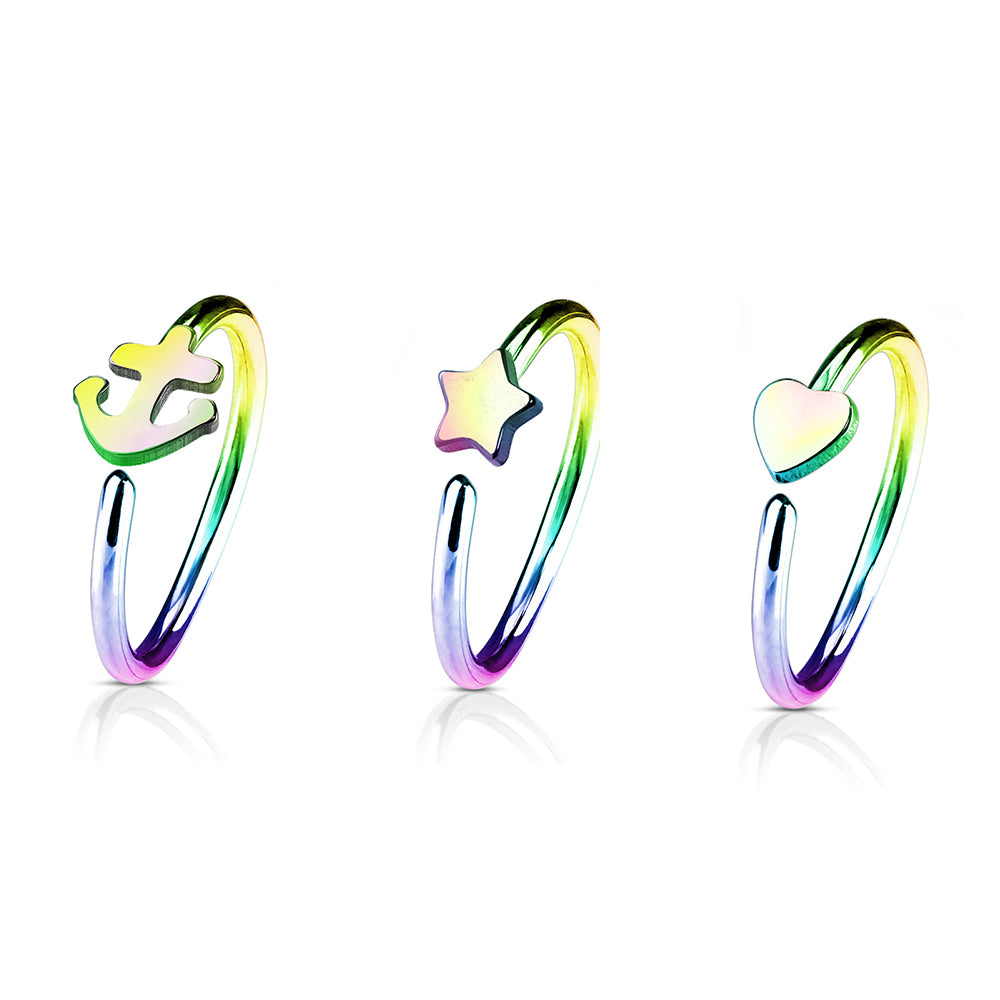 Anodized Surgical Steel 20 Gauge Nose Hoop with Charm - 3 Pack