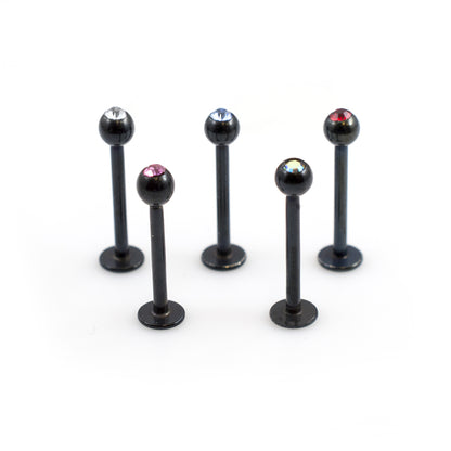 Surgical Steel Black Labret Studs Assorted CZ 16 Gauge 10mm - 5 Pack