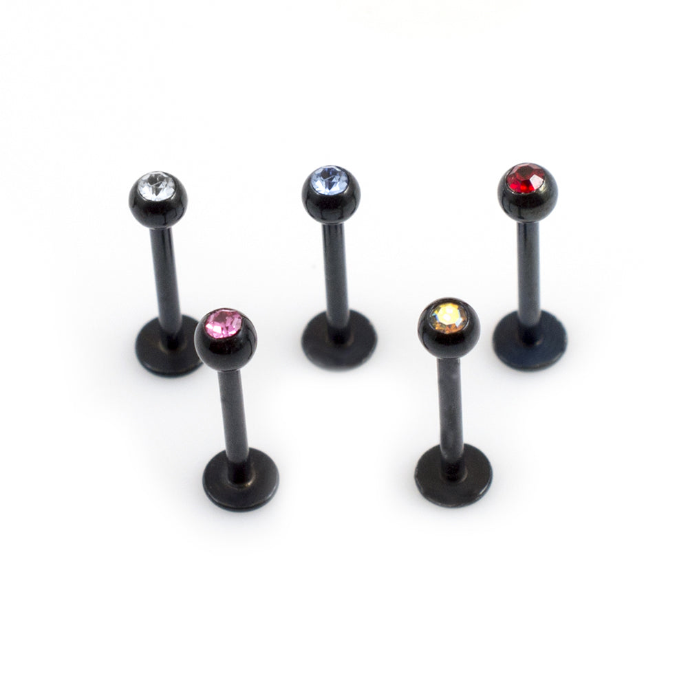 Surgical Steel Black Labret Studs Assorted CZ 16 Gauge 10mm - 5 Pack