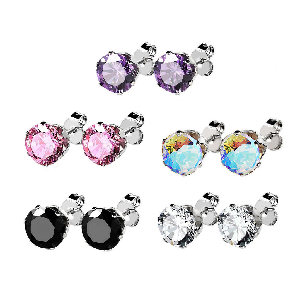 Surgical Steel Prong Set CZ Stud Earrings Assorted - 5 Pack