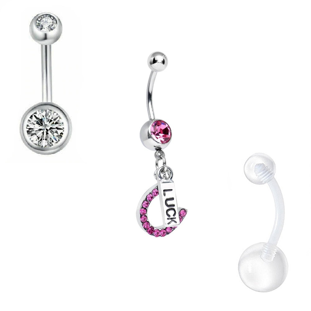 Surgical Steel 14 Gauge CZ Belly Rings with Retainer - 3 Pack