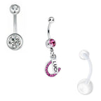 Surgical Steel 14 Gauge CZ Belly Rings with Retainer - 3 Pack