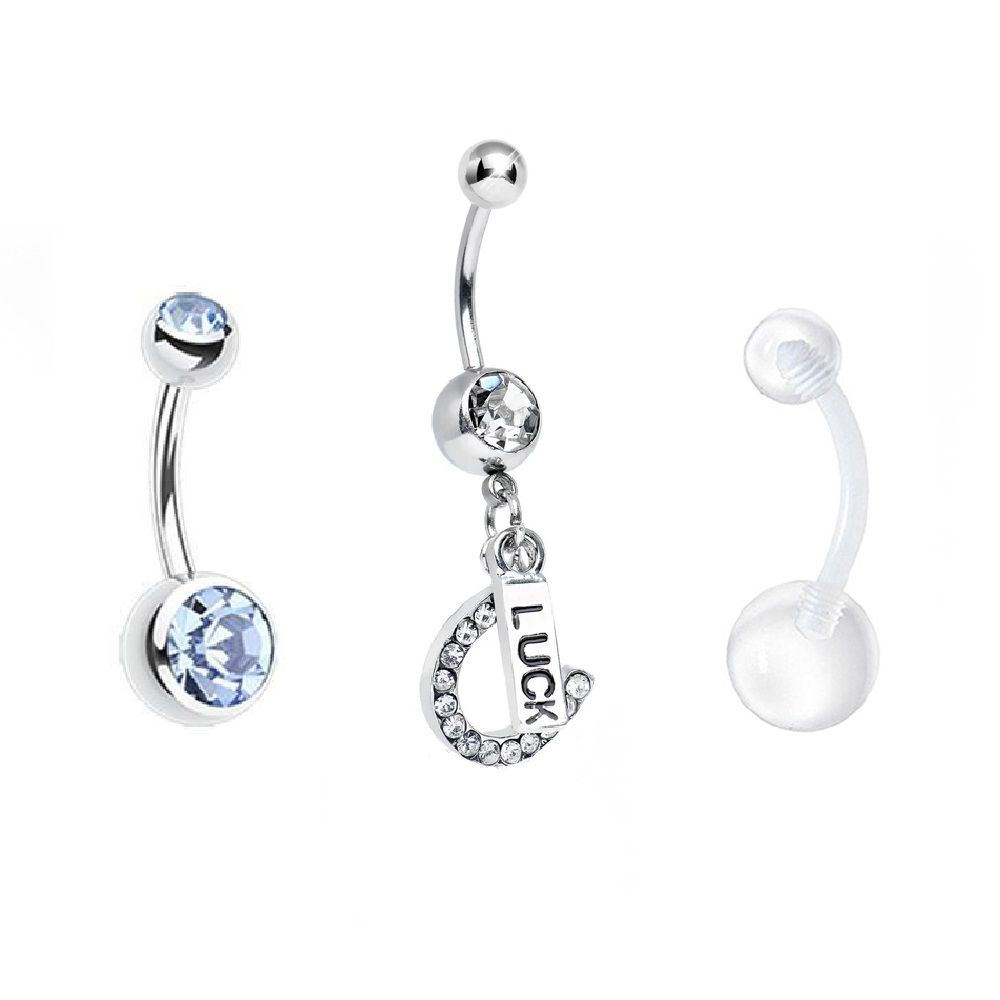 Surgical Steel 14 Gauge CZ Belly Rings with Retainer - 3 Pack