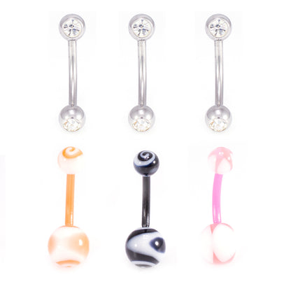 Surgical Steel Belly Button Ring 14 Gauge with Acrylic Swirls - 6 Pack