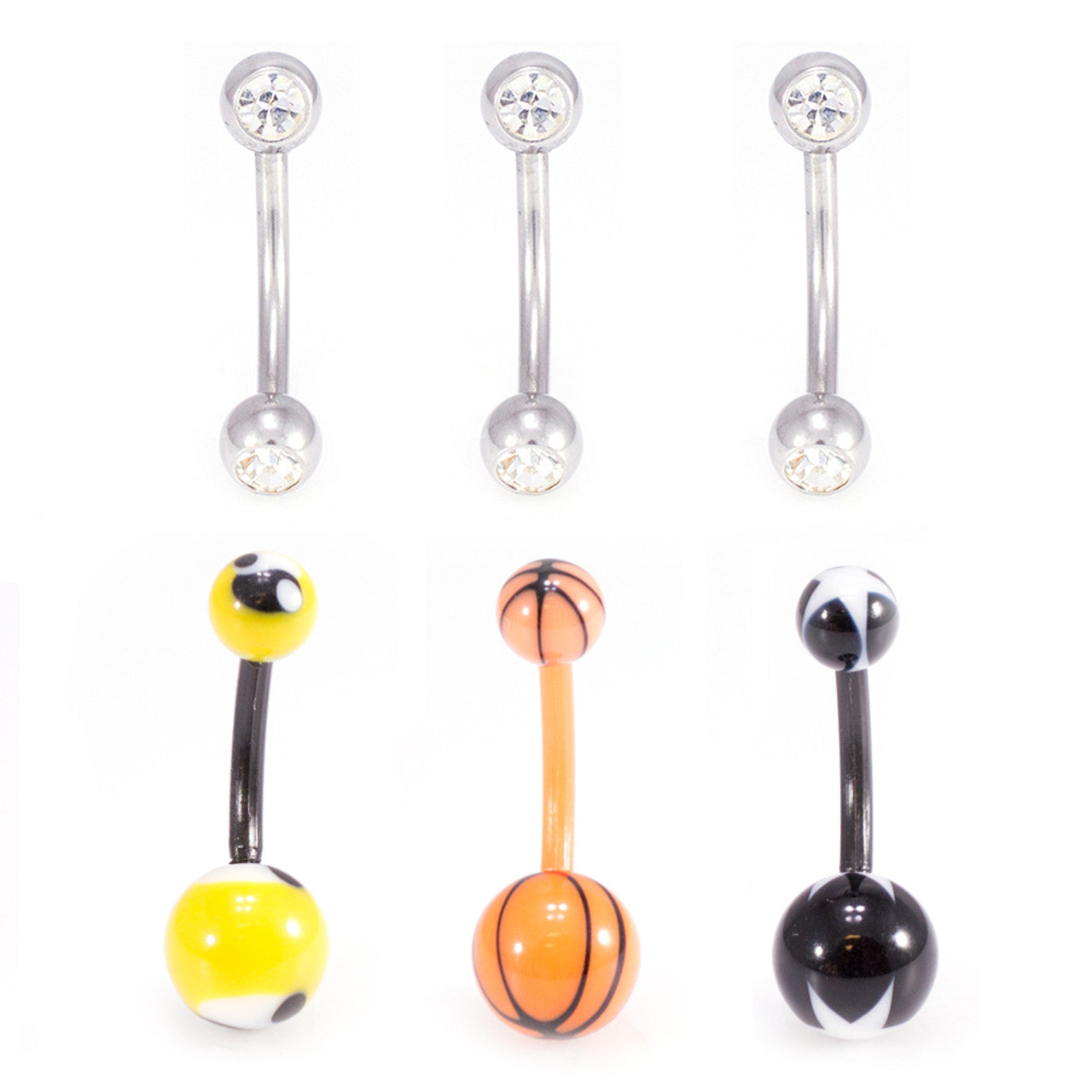 Surgical Steel Belly Button Ring 14 Gauge with Acrylic Styles - 6 Pack