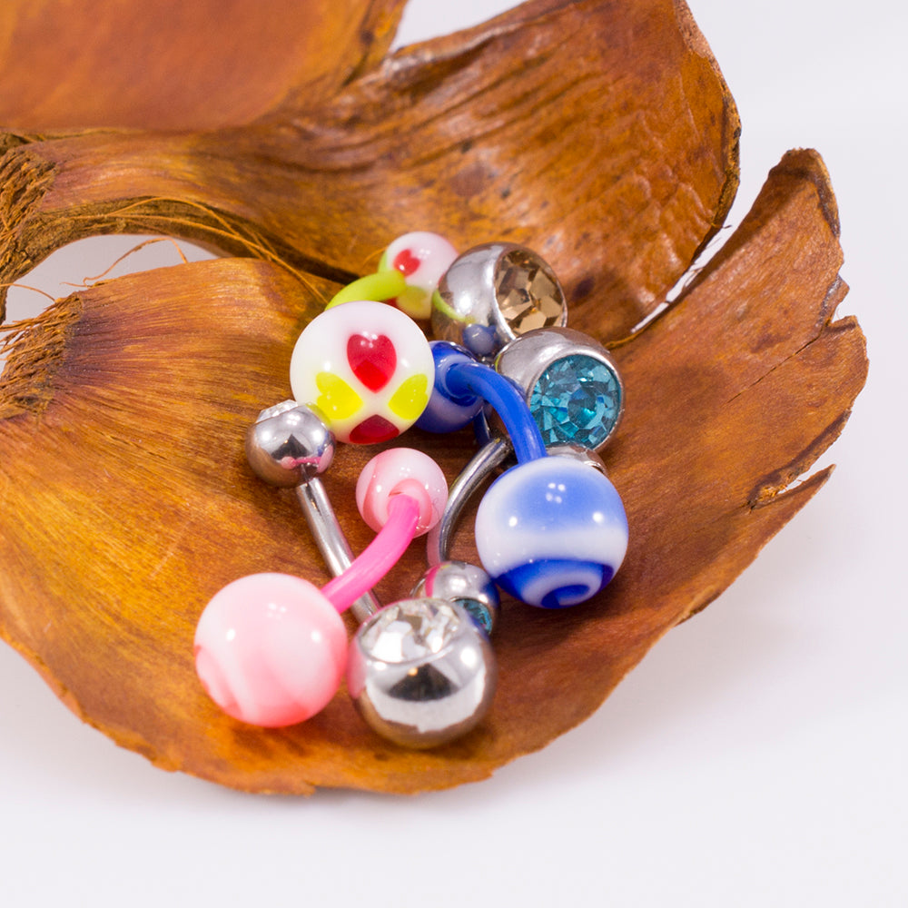 Surgical Steel & Acrylic 14G CZ & Flexi Belly Rings Vibrant - 6 Pack