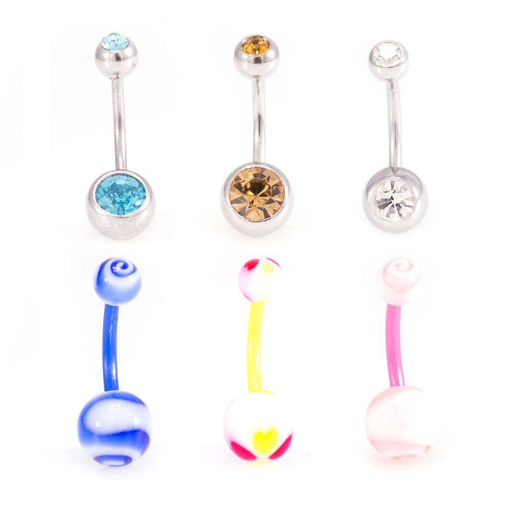 Surgical Steel & Acrylic 14G CZ & Flexi Belly Rings Vibrant - 6 Pack