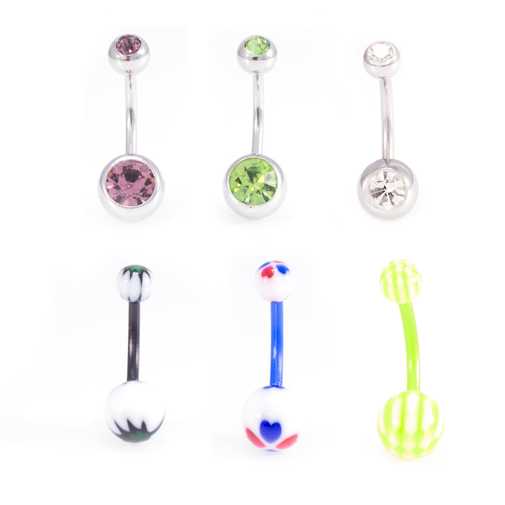 Surgical Steel & Acrylic 14G CZ & Flexi Belly Rings Neon - 6 Pack