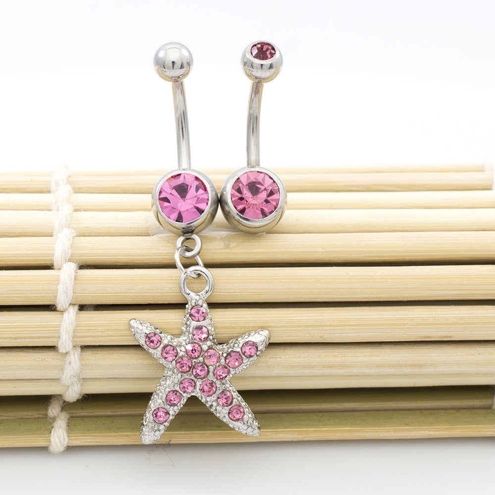 Surgical Steel 14 Gauge Pink CZ Star Dangle & Double Belly Rings - photo 4