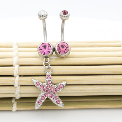 Surgical Steel 14 Gauge Pink CZ Star Dangle & Double Belly Rings - photo 4