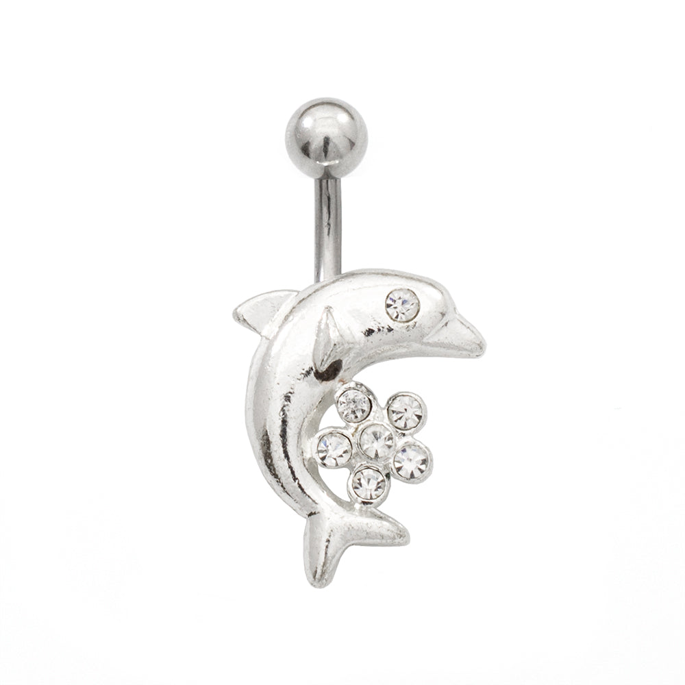 Belly Button Rings 14 Gauge 10mm with Dolphin & Flower CZ - Pair