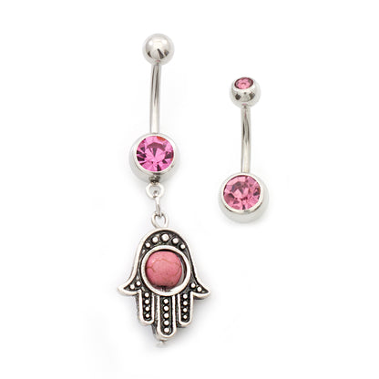 Surgical Steel 14 Gauge Belly Rings with CZ Hamsa Hand - 2 Pack - photo 7