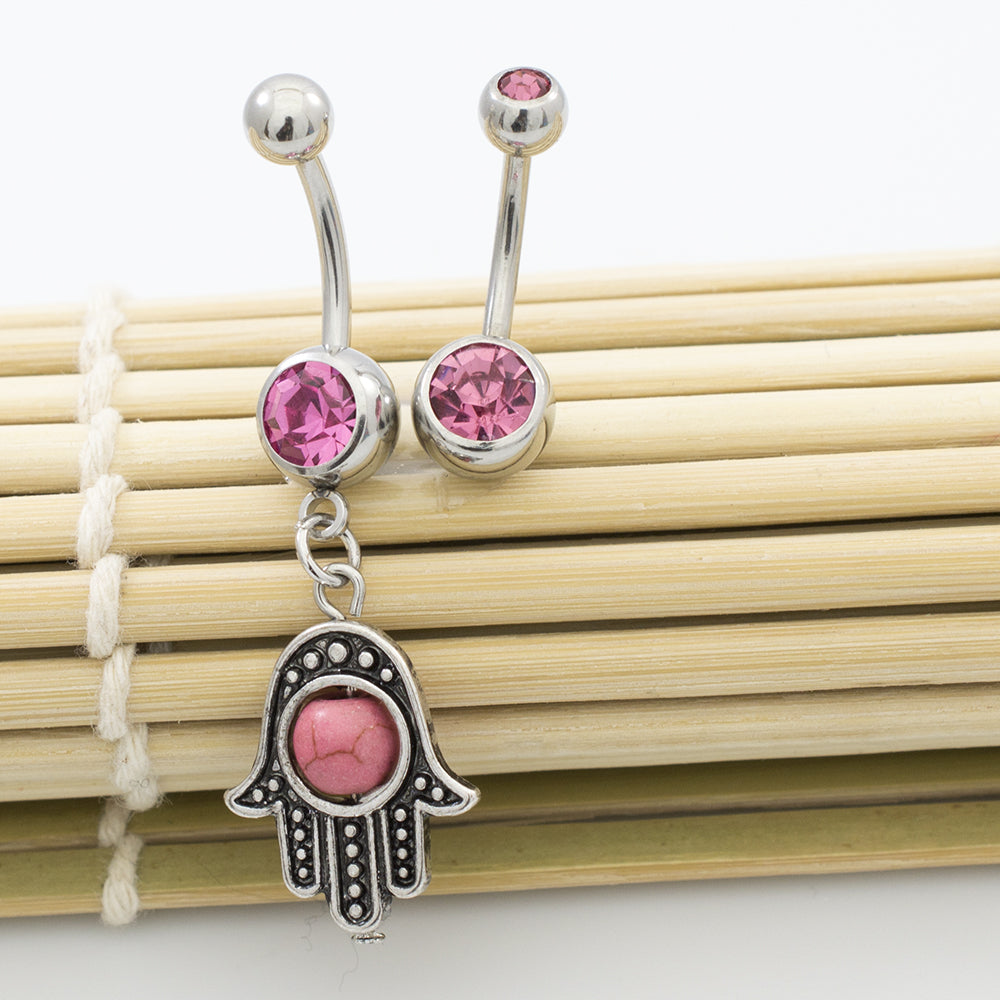 Surgical Steel 14 Gauge Belly Rings with CZ Hamsa Hand - 2 Pack - photo 14