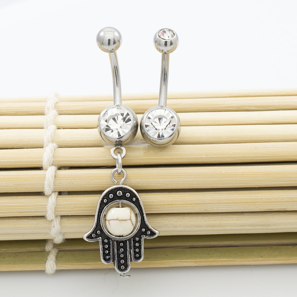 Surgical Steel 14 Gauge Belly Rings with CZ Hamsa Hand - 2 Pack - photo 16