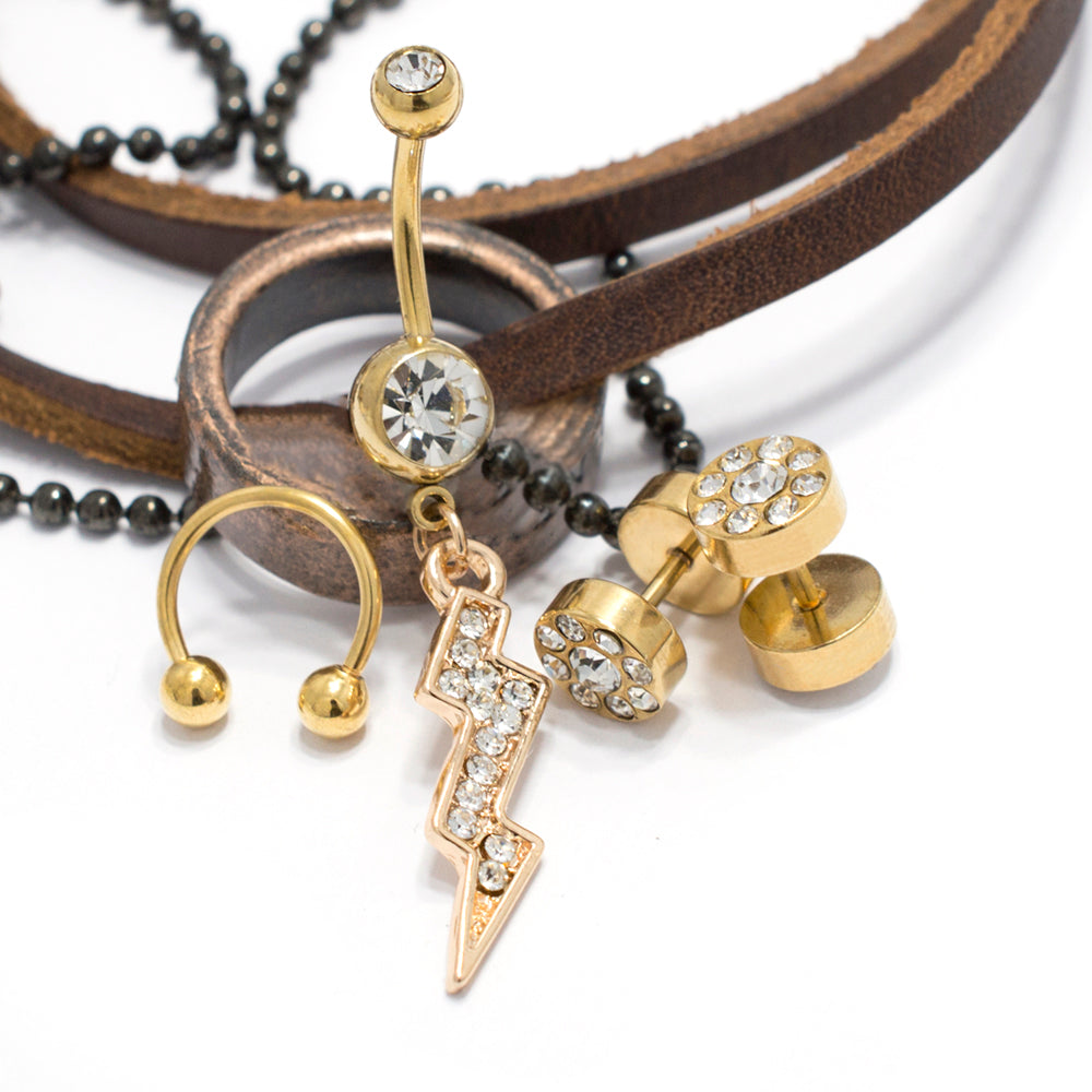Gold IP Lightning Bolt Belly Ring, Faux Plugs & Horseshoe - 3 Pack