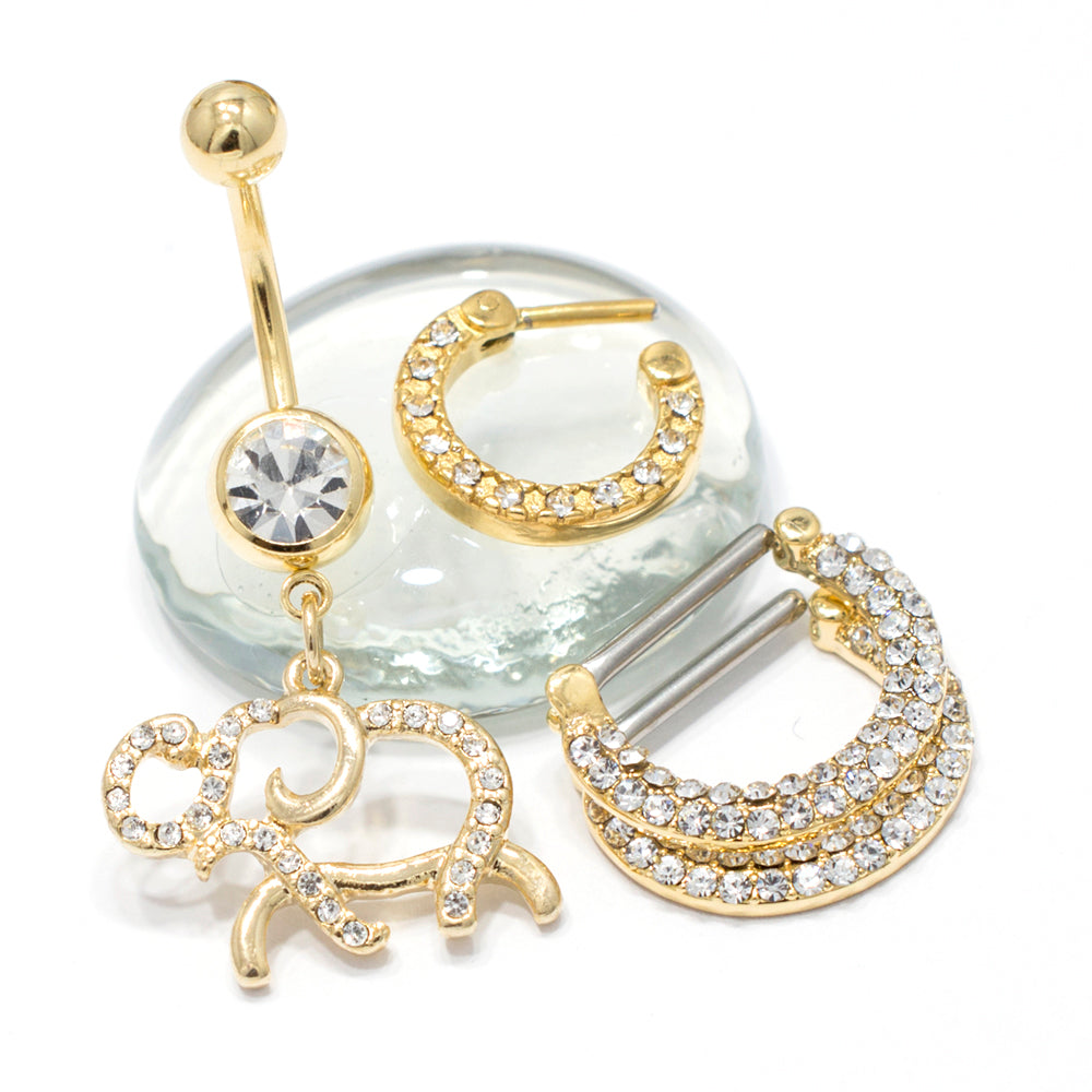 Gold IP Elephant Belly Ring, Nipple Shields & Septum Clicker - 3 Pack