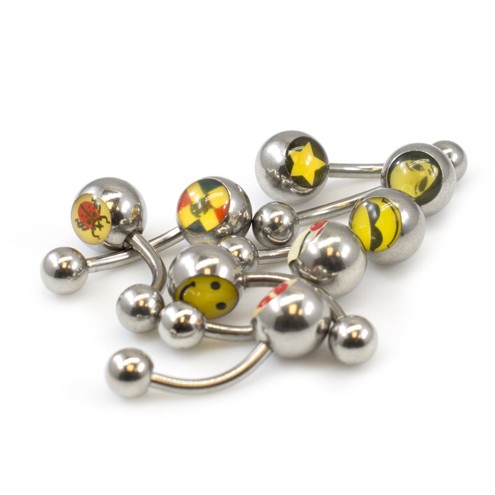 Surgical Steel 14 Gauge Belly Rings Assorted Icon Designs - 8 Pack