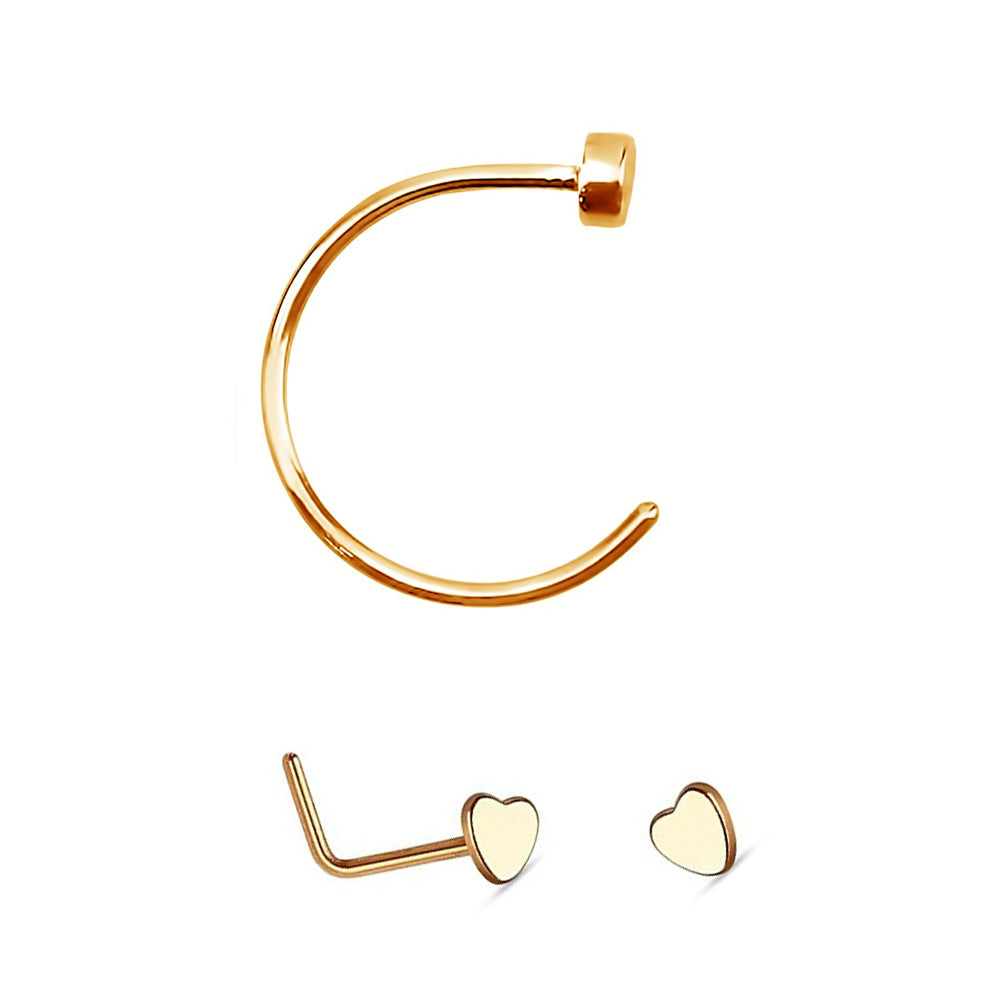 Surgical Steel 18 Gauge Nose Hoop & L-Shape Heart Stud - Pair