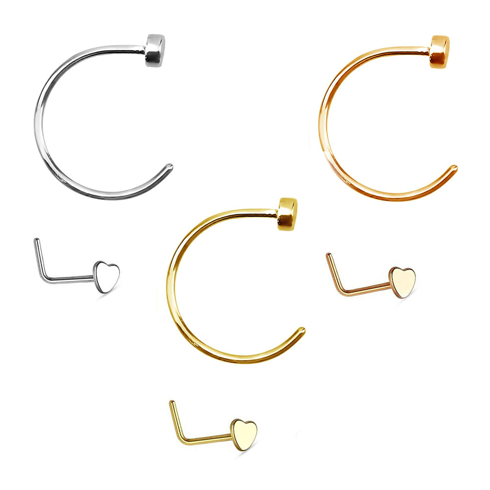 Surgical Steel 18 Gauge Nose Hoop & L-Shape Heart Stud - Pair