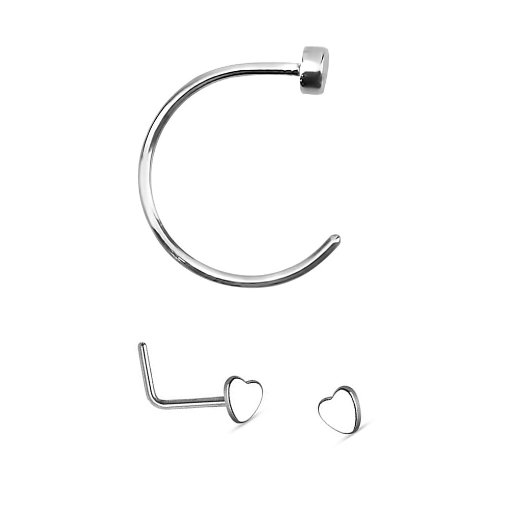 Surgical Steel 18 Gauge Nose Hoop & L-Shape Heart Stud - Pair