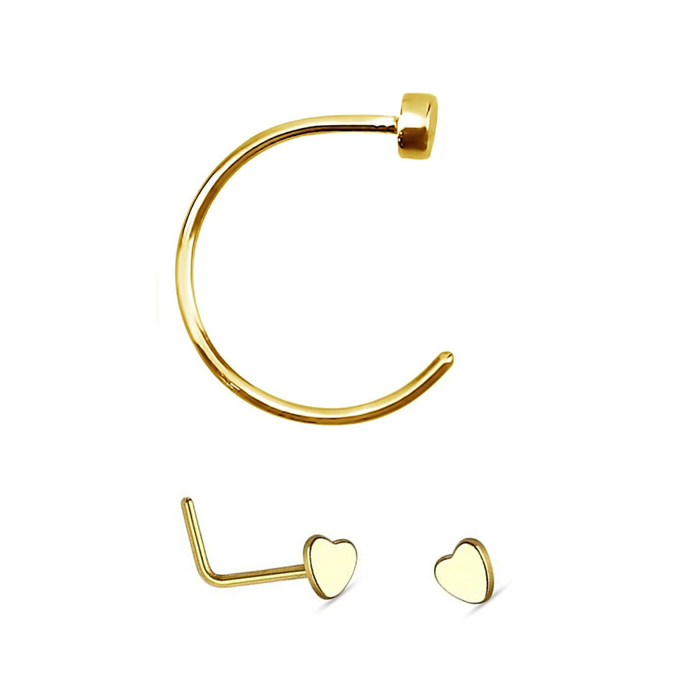 Surgical Steel 18 Gauge Nose Hoop & L-Shape Heart Stud - Pair