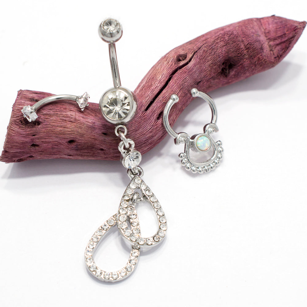 Surgical Steel Belly Ring, Septum Clip & Eyebrow Barbell Set - 3 Pack