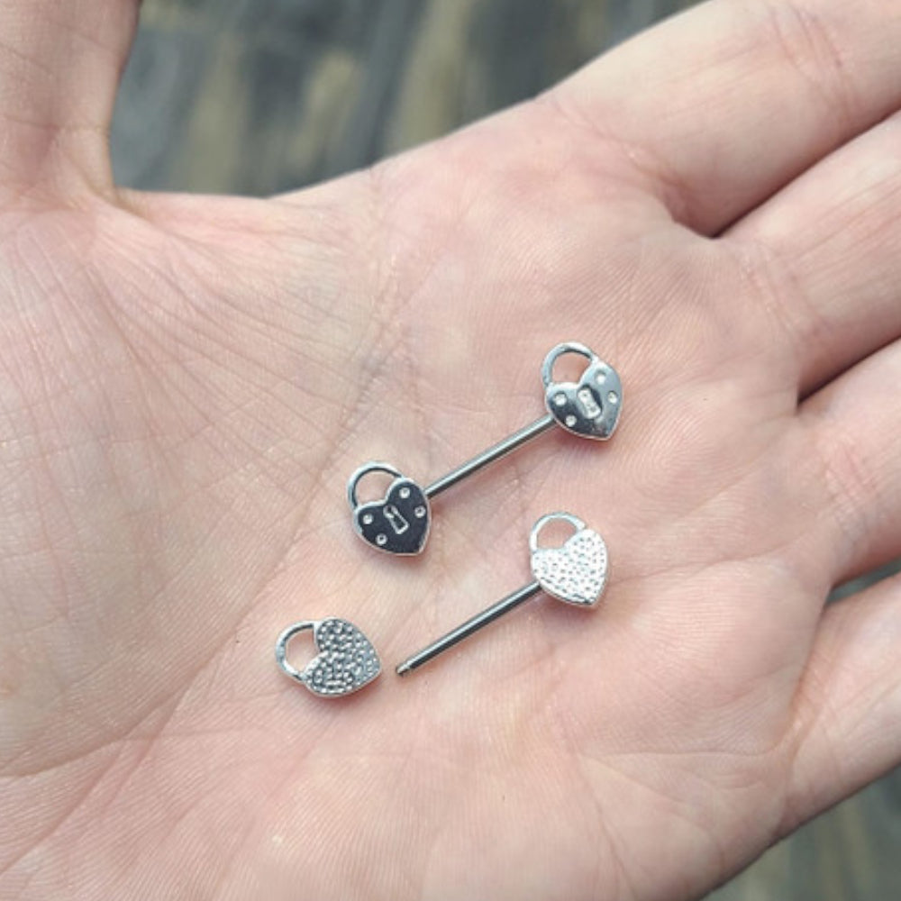 Surgical Steel 14 Gauge Heart Pad Lock Nipple Barbell - Pair