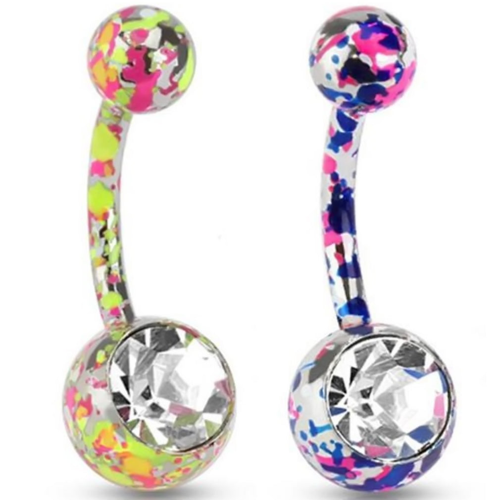 Surgical Steel 14 Gauge Belly Rings with Paint Splatter and CZ - Pair