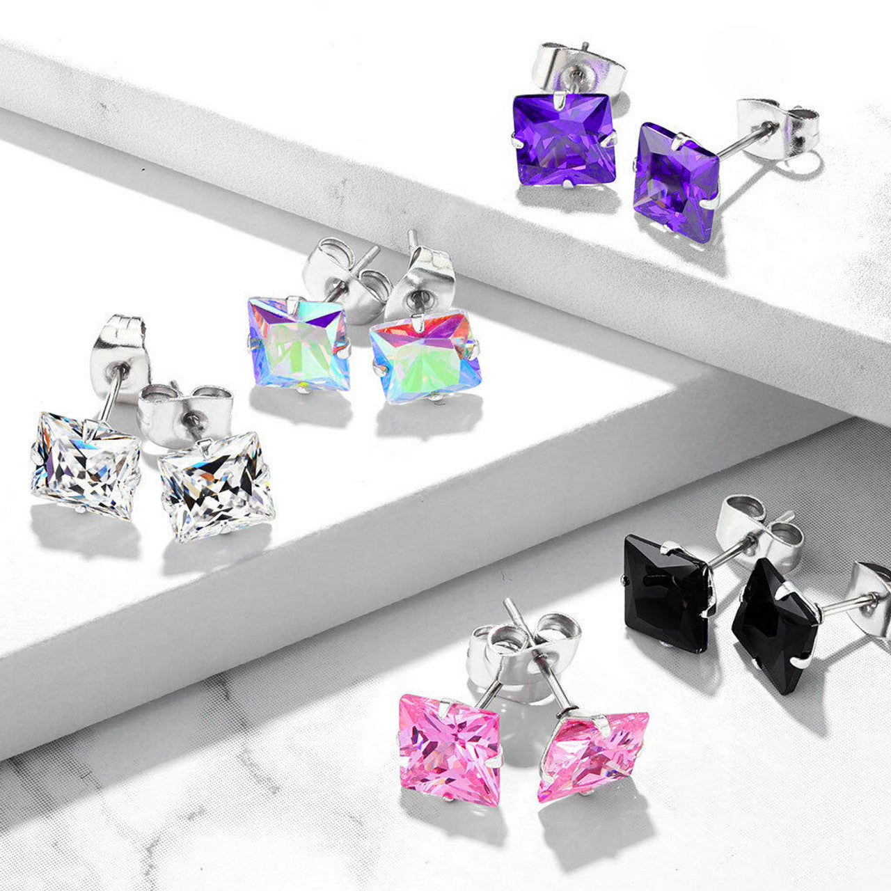 Surgical Steel Earring Stud 20 Gauge with Square CZ Gem