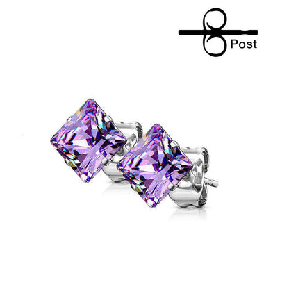 Surgical Steel Earring Stud 20 Gauge with Square CZ Gem