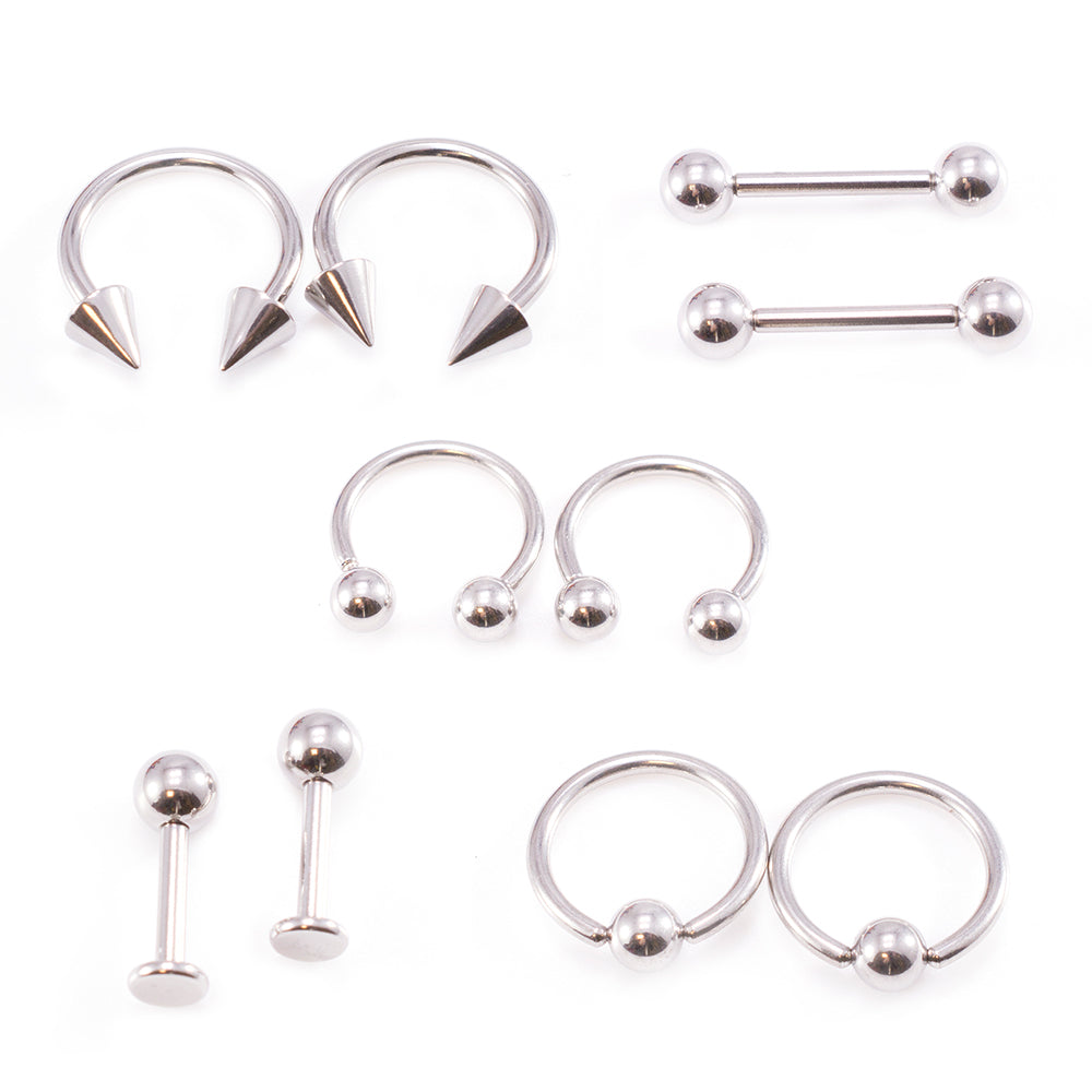 Surgical Steel 14 Gauge Horseshoe, Captive & Labret Set - 10 Pack
