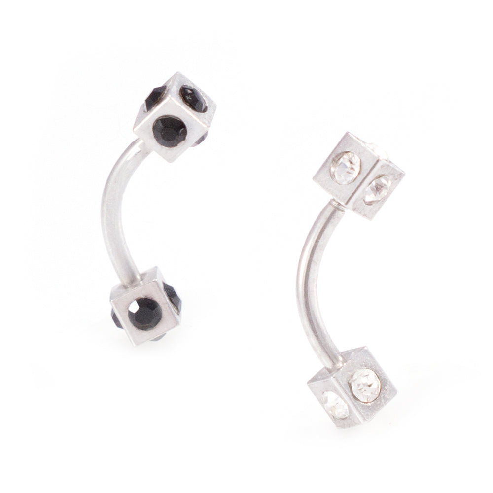 Surgical Steel 16G Box Design Curved Barbell Black & Clear CZ - Pair