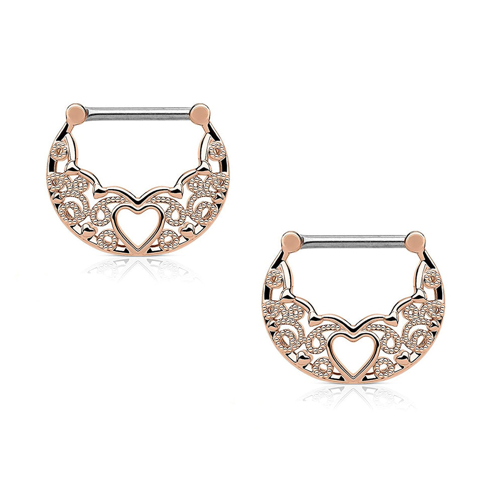 Surgical Steel Nipple Clickers with Hollow Heart Filigree - Pair - photo 2