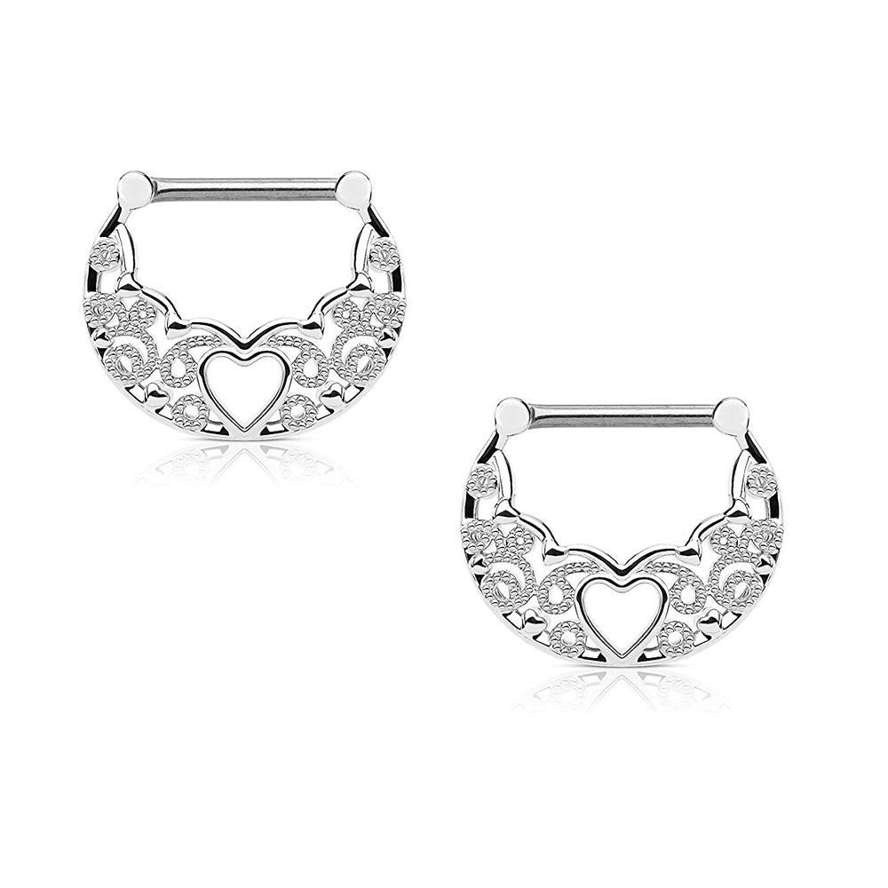 Surgical Steel Nipple Clickers with Hollow Heart Filigree - Pair - photo 3