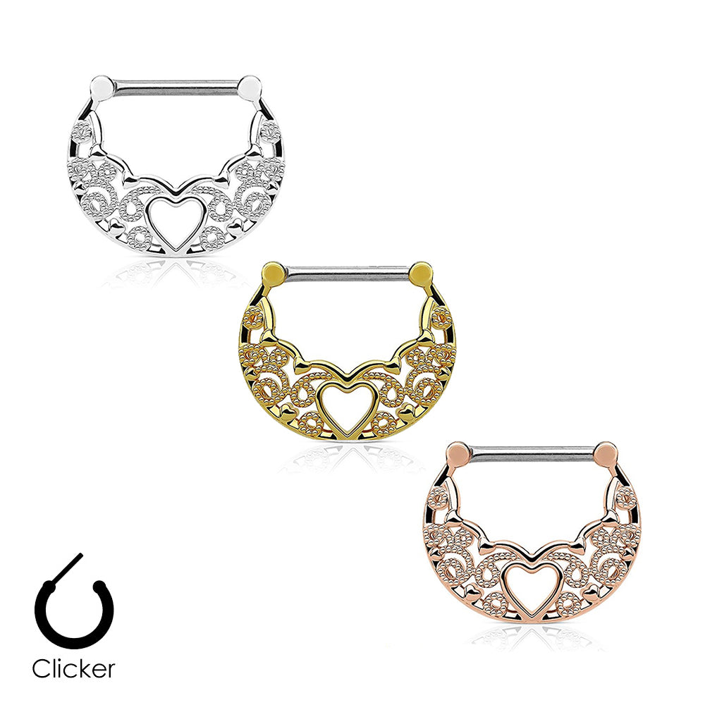 Surgical Steel Nipple Clickers with Hollow Heart Filigree - Pair