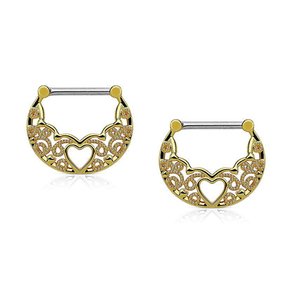 Surgical Steel Nipple Clickers with Hollow Heart Filigree - Pair - photo 4