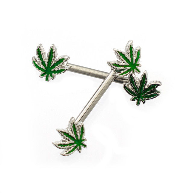 Surgical Steel Nipple Ring Barbell 14 Gauge with Pot Leaf Front - Pair - Kruelty - Photo 3