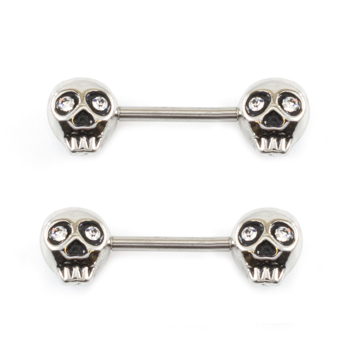 Surgical Steel Barbell Nipple Ring 14 Gauge & Skull Gem Eyes - Pair - Kruelty