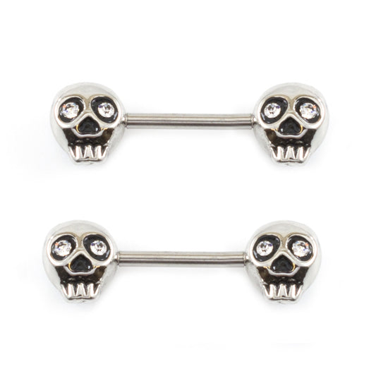 Surgical Steel Barbell Nipple Ring 14 Gauge & Skull Gem Eyes - Pair