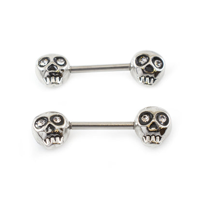 Surgical Steel Barbell Nipple Ring 14 Gauge & Skull Gem Eyes - Pair