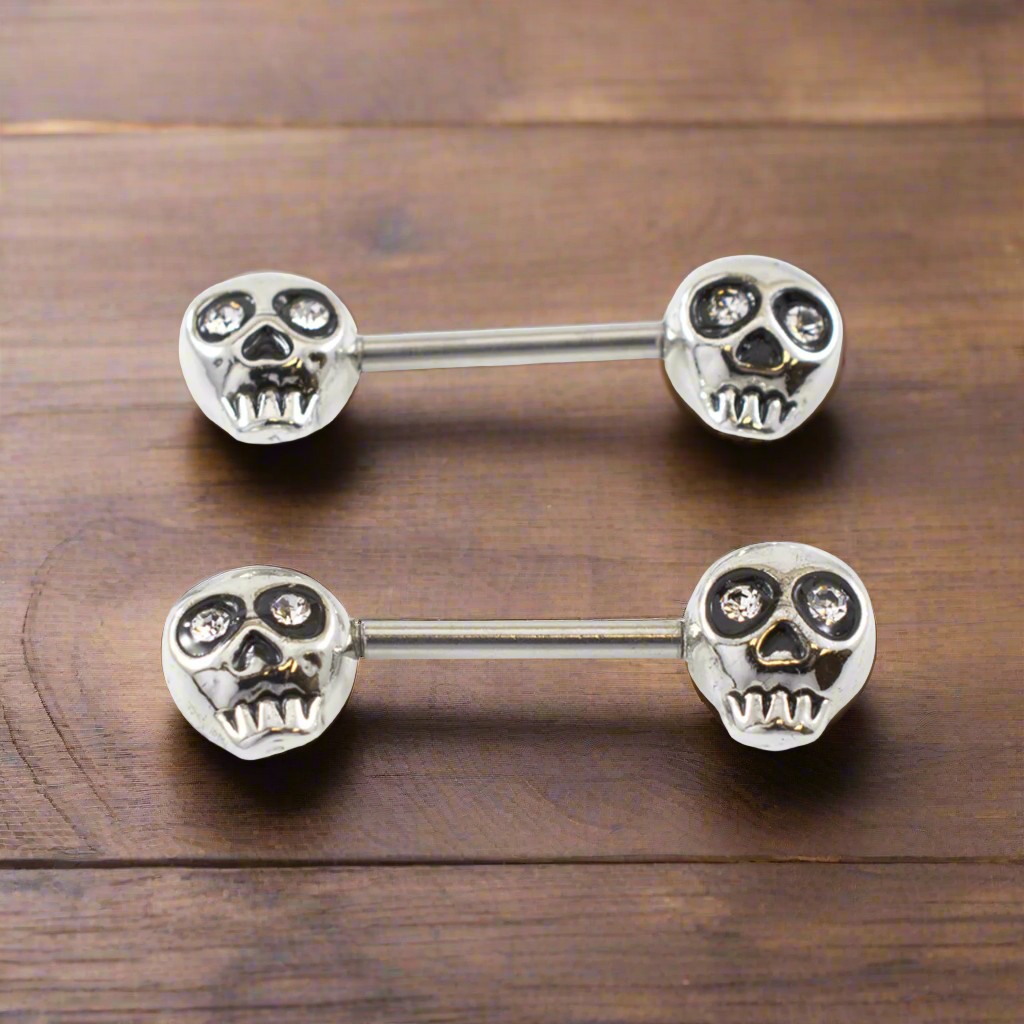 Surgical Steel Barbell Nipple Ring 14 Gauge & Skull Gem Eyes - Pair