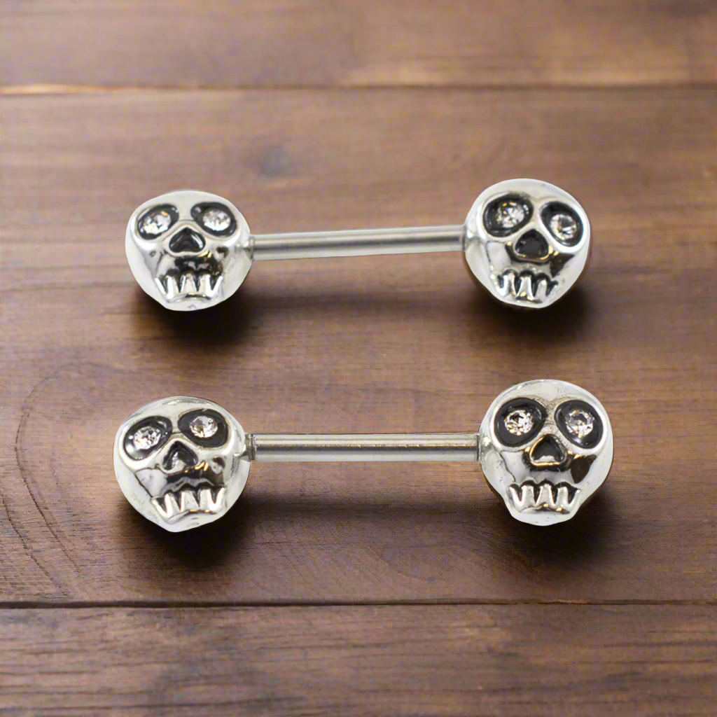 Surgical Steel Barbell Nipple Ring 14 Gauge & Skull Gem Eyes - Pair - Kruelty - Photo 3