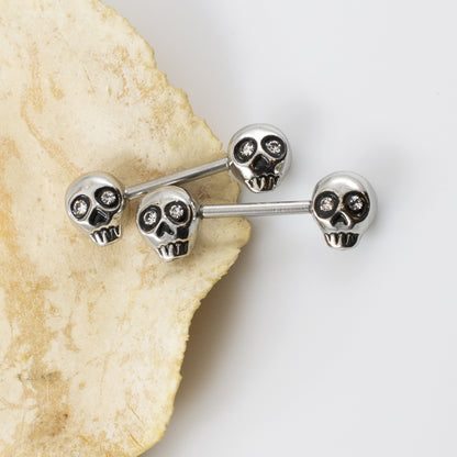 Surgical Steel Barbell Nipple Ring 14 Gauge & Skull Gem Eyes - Pair