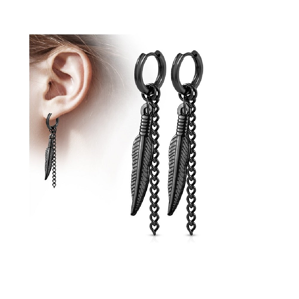 Surgical Steel 18G Tribal Feather Chain Dangle Clicker Hoops - Pair