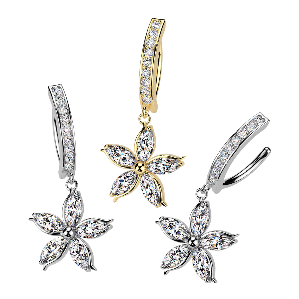 Surgical Steel Hinged Belly Ring 14G 11mm with CZ Flower Dangle - photo 3