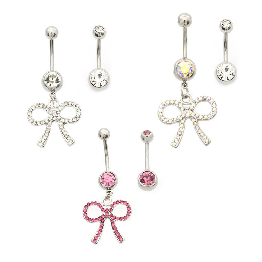 Surgical Steel 14 Gauge Belly Ring Set with Paved CZ Bow - Pair